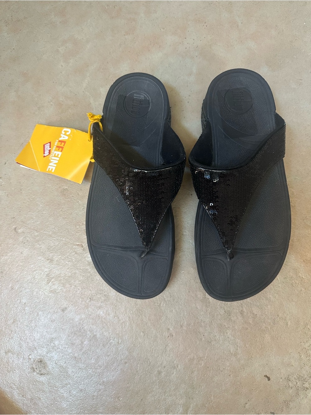 FitFlop NWT “LuLu” Sequin Toe-Post Sandals - Black, Size 7